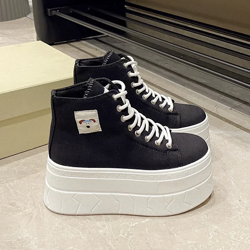 7.5CM 여성 발목 부츠 높은 플랫폼 Vulcanized 신발 웨지 힐 스니커즈 여성 봄 가을 두꺼운 단독 가죽 짧은 부츠