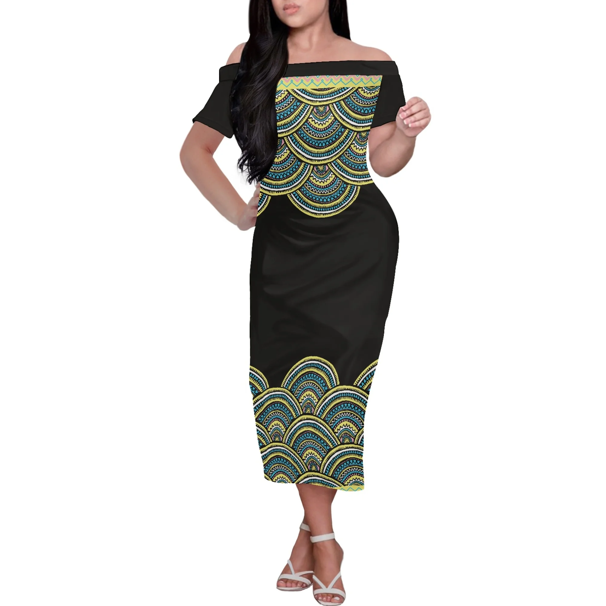 

Vintage Ethnic Style Polynesian Tribal Women Summer Casual Off-The-Shoulder Party Dress Short Sleeve High-End Luxury Dress Party