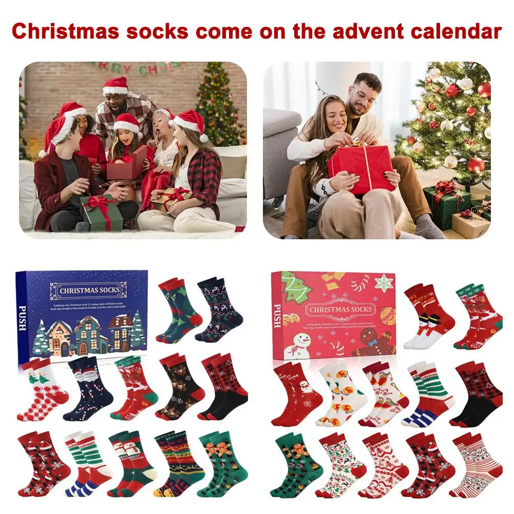 12/24Pairs Christmas Stocking Advent Calendar 12/24 Days Of Socks Festive Holiday White Christmas Colorful Socks For Men