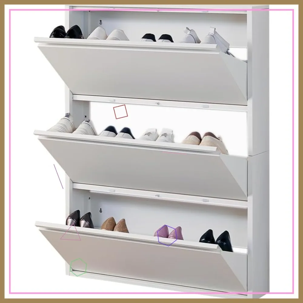 Slim Wall Mount Shoe Cabinet with Flip Drawers, Hidden Storage for Entryway, White Metal Rack