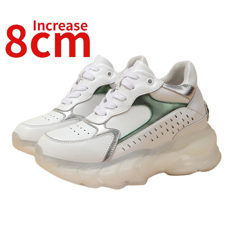 

Genuine Leather Street Fashiona Women's Shoes Increased 8cm Casual Sports Shoes Height Increasing Shoes Elevated Shoes for Women