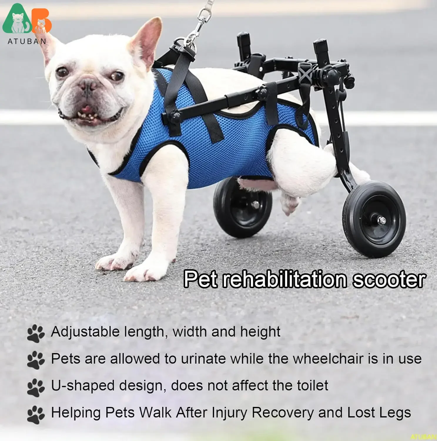 ATUBAN Cat & Dog Wheelchair, Adjustable Pets Cart with Wheels for Back Legs,Dog Brace and Hip Support, to Recover Their Mobility