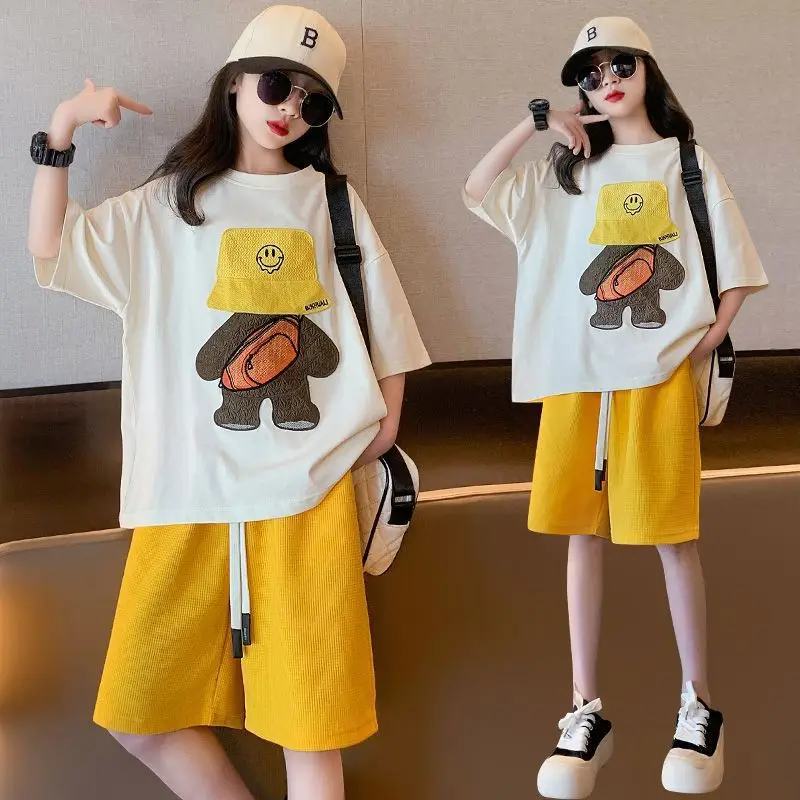 

Children's Clothing Summer Girl Short Sets Junior Girls Fashion Print Cartoon T-Shirt Casual Shorts 2 Piece Set 3-15Y
