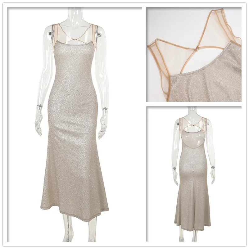 Women Sparkle Glitter Nightclub Sexy Party Dress Spaghetti Strap Summer Dress Midi Long Slim Bodycon Dresses Girls Dress