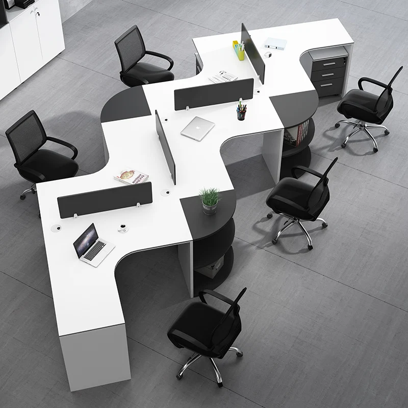 Creative L-shaped staff desk, screen holder, irregular staff desk and chair combination, work space for 4/6 people staff desk 2 people simple modern staff 2 pairs fashion office