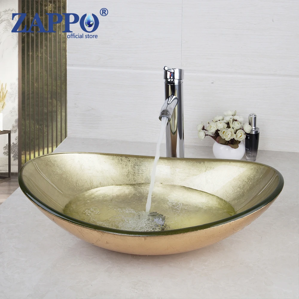 ZAPPO Bathroom Tempered Glass Washbasin Yellow Basin Veseel Sink Faucet Combo Oval Shape Basin Set w/Hot Cold  Faucets Mixer