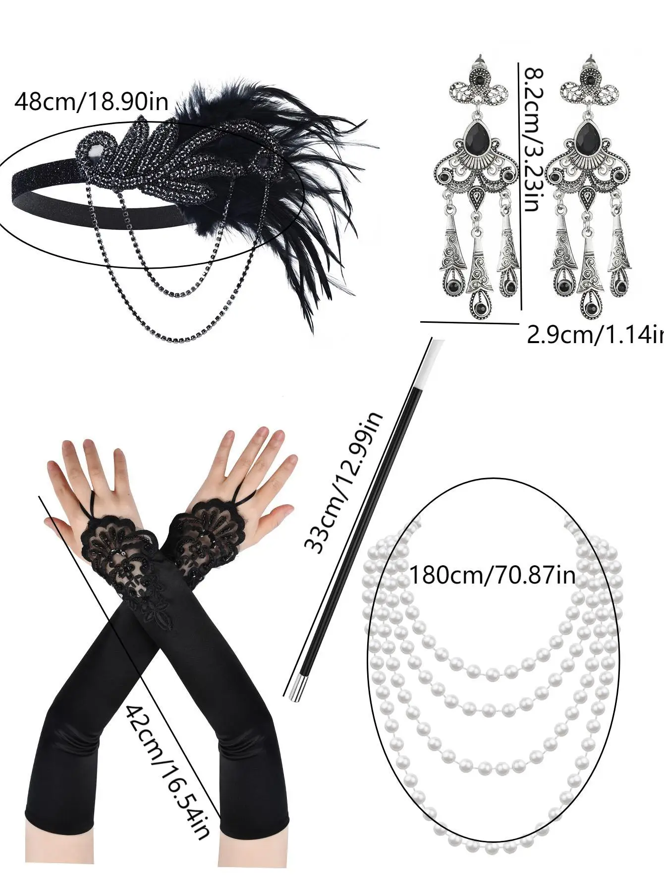 5PCS 1920s Flapper Dress Accessories Retro Party Props GATSBY CHARLESTON Headband Pearl Necklace Feather Band for Wedding