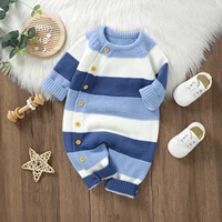 MISOWMNJOY Baby Girl Boy Knit Sweater Romper Winter Stripe Button Long Sleeve Full Length Jumpsuit for Newborn Crochet Clothes 3