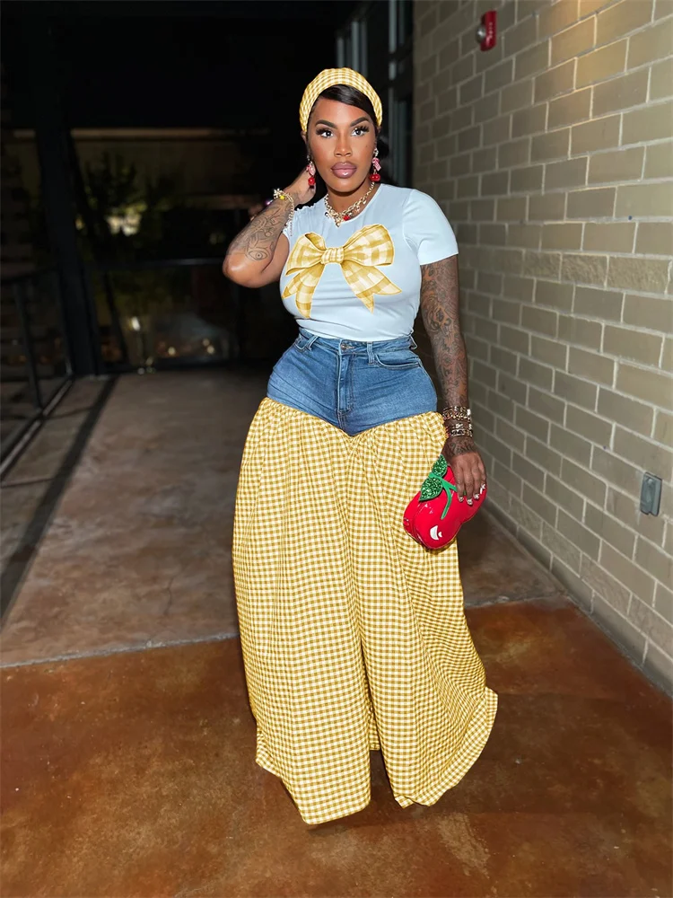 Wmstar 2 Piece Set Women Wholesale Denim Patchwork  Print Wide Leg T Shirt Plaid High Waisted Loose Wide Leg Pants Dropshopping