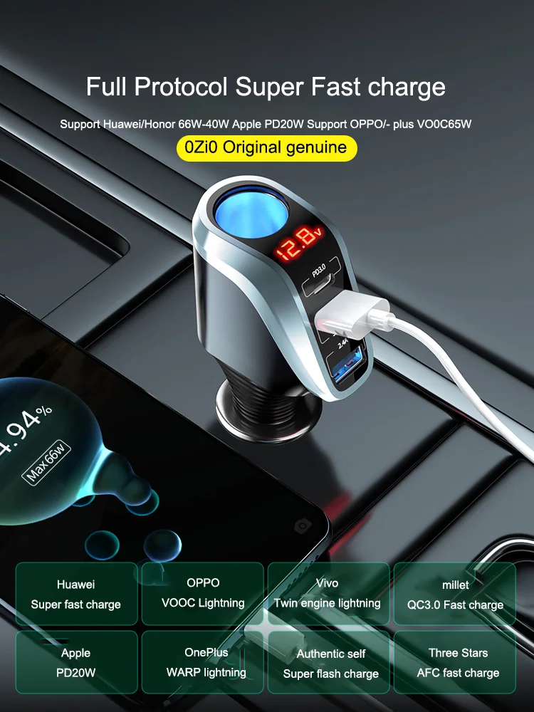 66W Car Charger Adapter Super Fast Charging Expansion Port Converter for iPhone Xiaomi Huawei Adapter Plug USB Interface Socket 3