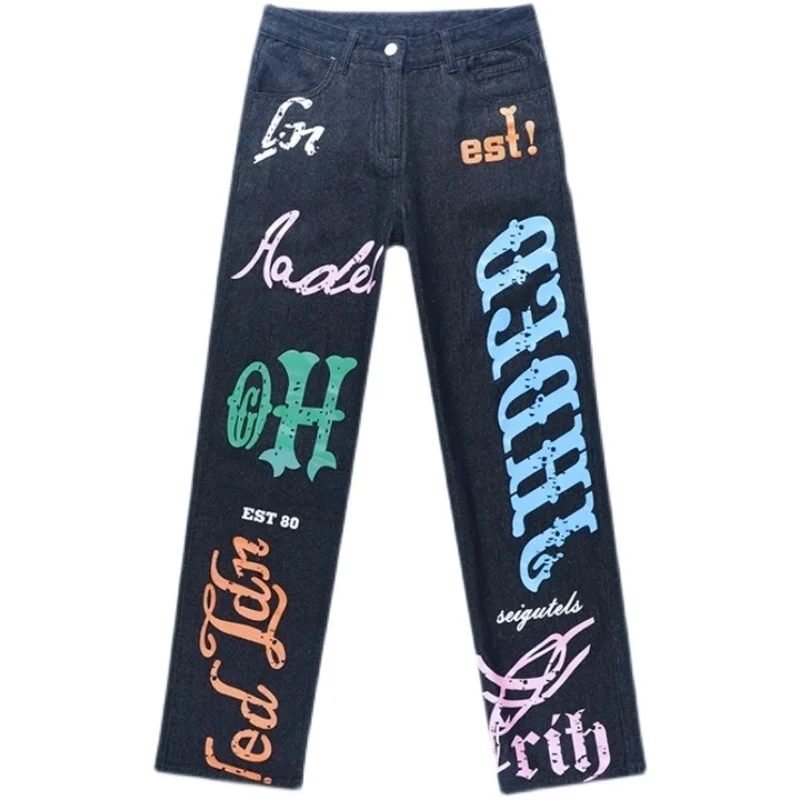 Y2K Print Denim Pants Women Casual Jaded High Street Female Jeans 2022 London Loose Trousers Women Low Rise Straight Jeans straight jeans