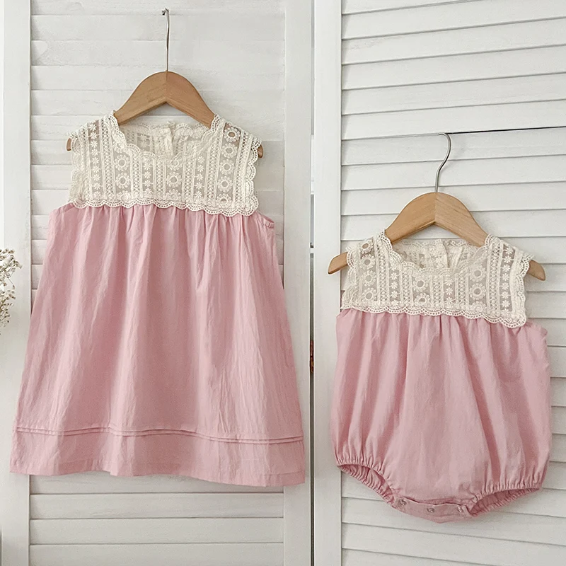 

2024 New Summer Sisters Clothes Toddler Baby Bodysuits Girls Princess Dress Sleeveless Cotton Lace Splicing Kids Party Dress