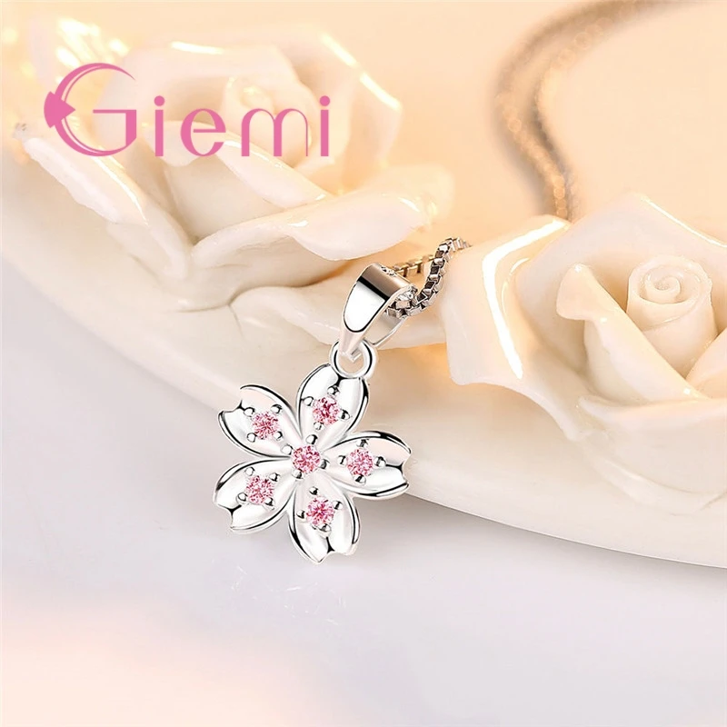 Cherry Blossoms Flowers Five Petals Design Pink Clear CZ 925 Sterling Silver Women Bridal Wedding Pendant Necklace pendant necklace silver necklace silver pendant