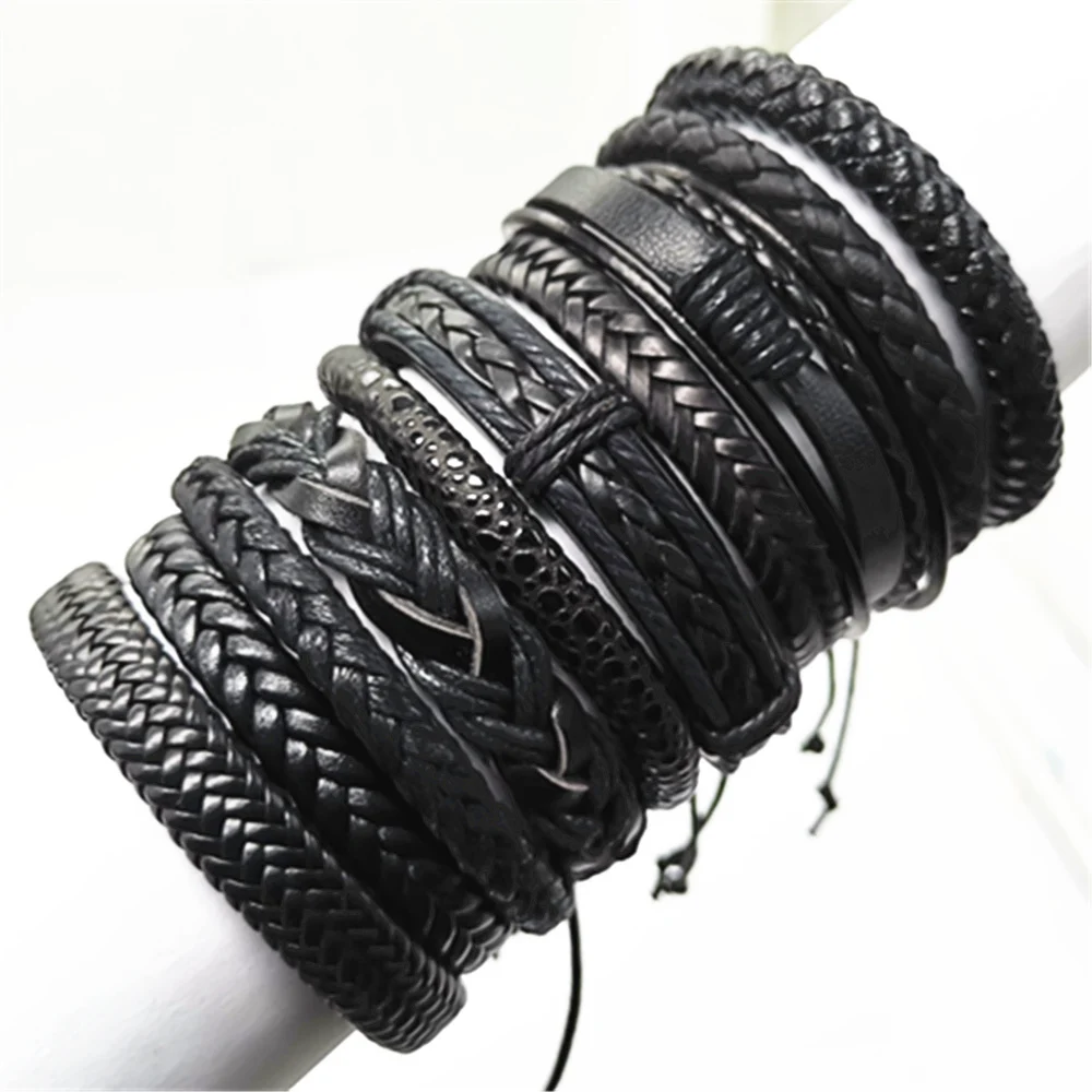 Schwarz Handgemachte 10 Teile/satz Wrap Woven Mode Handgemachte Männer Armbänder Männlichen Frauen Leder Armbänder Männer Armreif Großhandel Schmuck