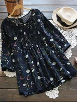 Plus Size 1XL-5XL Women's   Fashion Floral Printed 3/4 Sleeve Blouse Shirt Ladies Casual Loose Retro Color Shirt Blouse Tops
