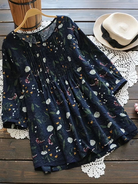 Plus Size 1XL-5XL Women's   Fashion Floral Printed 3/4 Sleeve Blouse Shirt Ladies Casual Loose Retro Color Shirt Blouse Tops