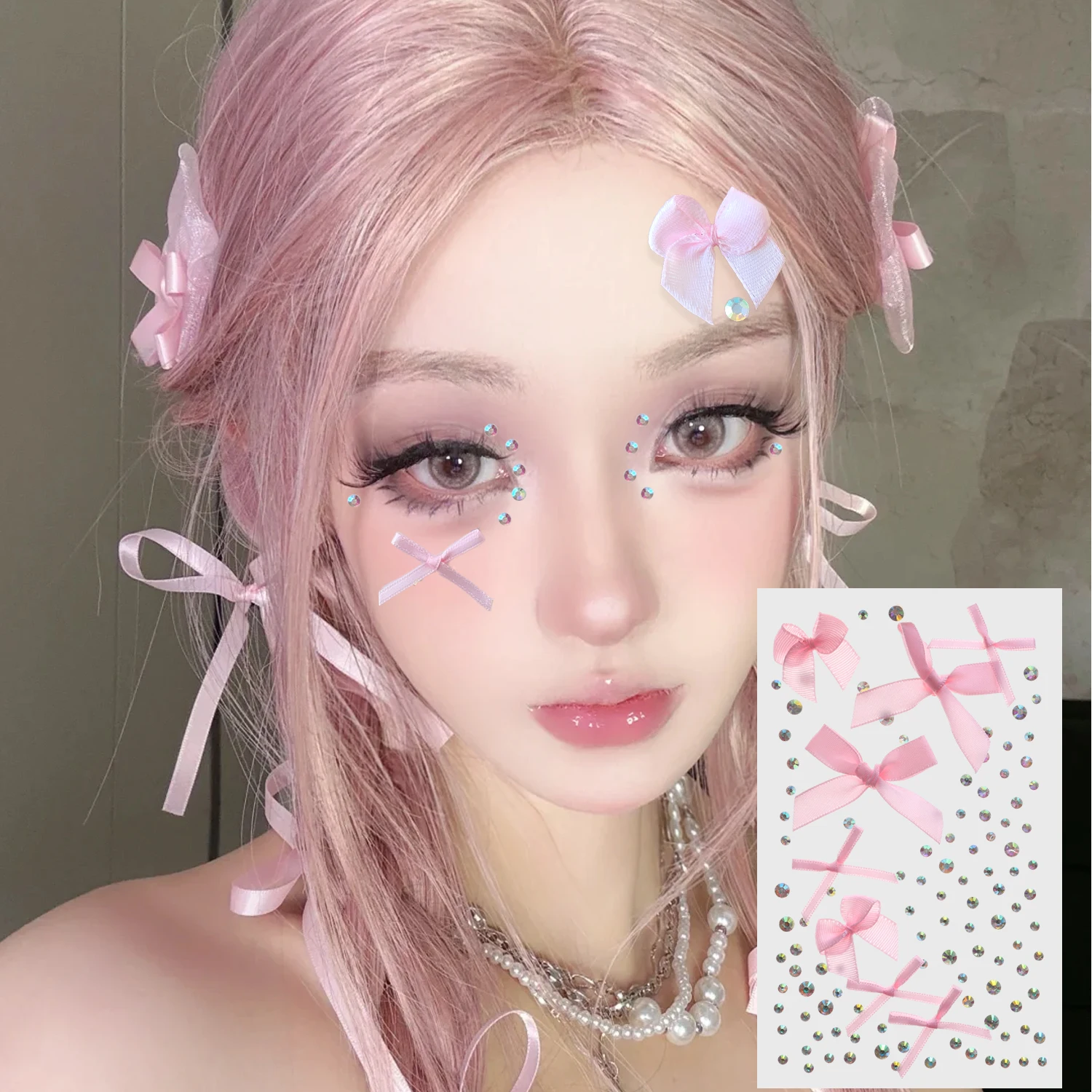Rhinestone Face Sticker Temporary Tattoo Pink Bow DIY