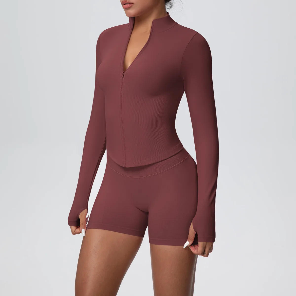 Women Gym Set - Seamless Yoga Suit With Zip Shirt & Cycling Shorts Activewear