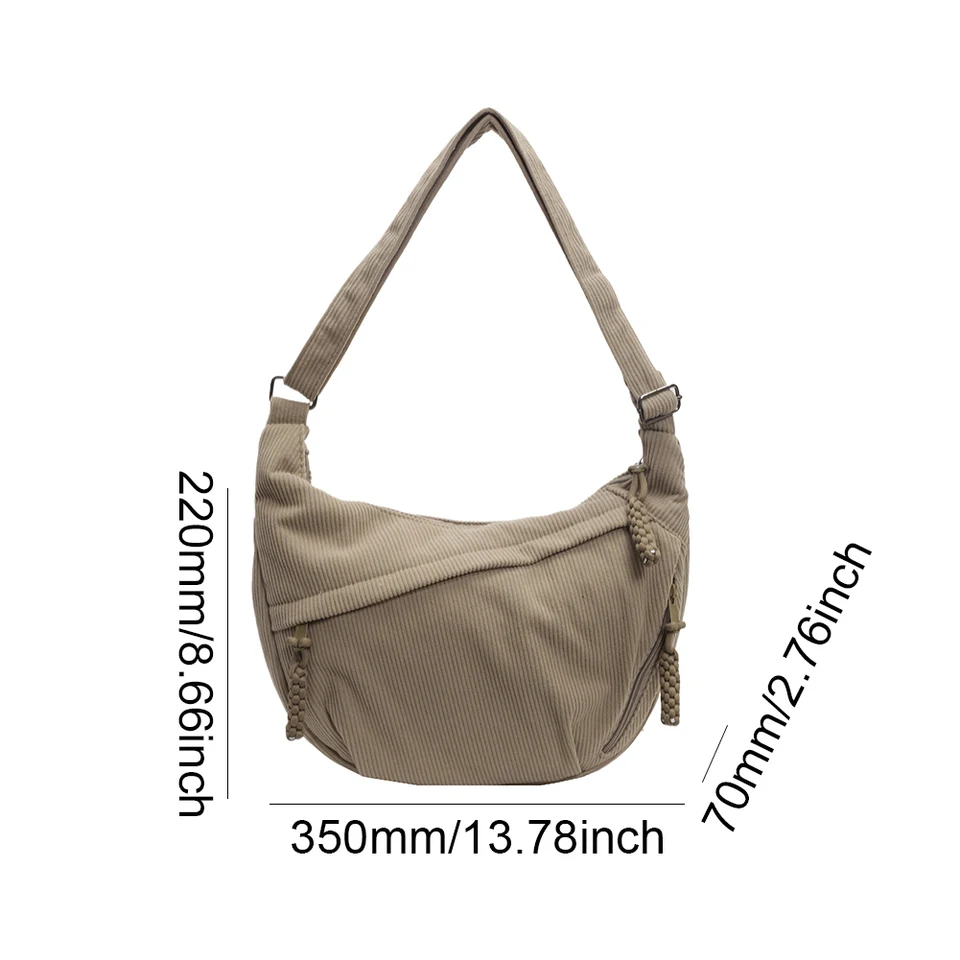 Borsa A Tracolla A Mezzaluna In Velluto A Coste – Hobo Donna Con Ciondolo Stella, Per Lavoro, Scuola E Shopping, Nero