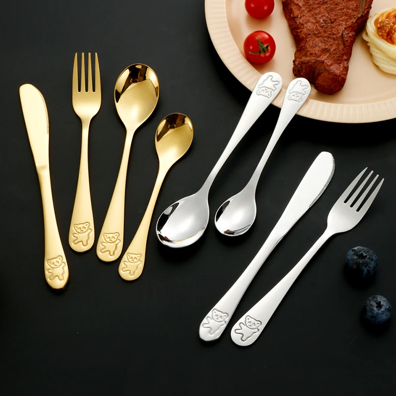 Golden Cartoon Bear Cutlery Set for Children Western Cute Stainless Steel Spoon Knife Fork Teaspoon Dinnerware Set Tableware