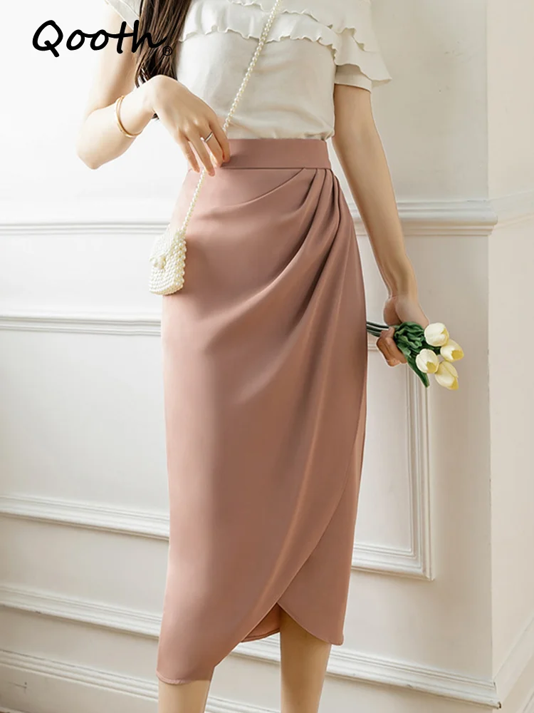 

Qooth Spring Summer Chiffon Knee-length Split Hip Skirt Women Elegant Office Lady Pencil Long Skirt QT1727