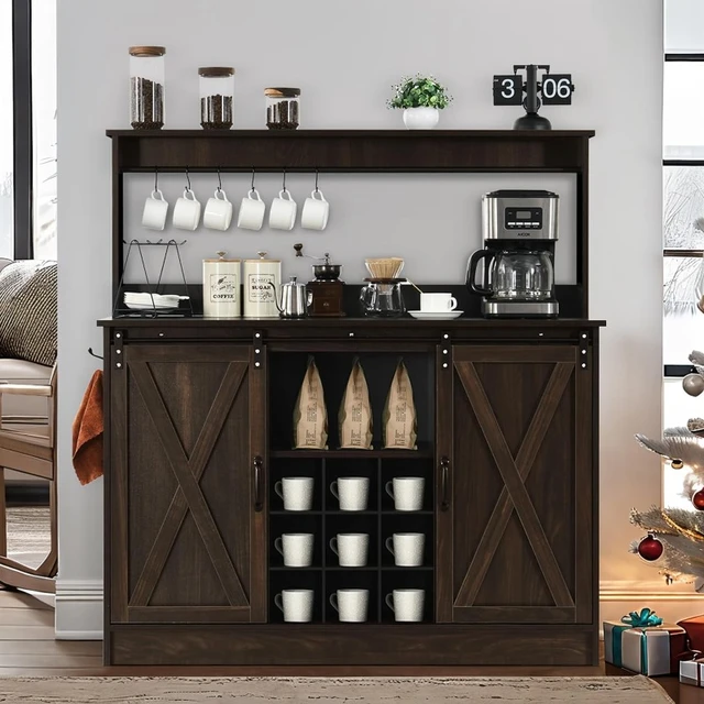 4ever2buy Farmhouse Coffee Bar Cabinet with Storage, White Coffee Bar with  9 Wine Racks Barn Door, Kitchen Buffet Cabinet with Drawer, Wine Bar