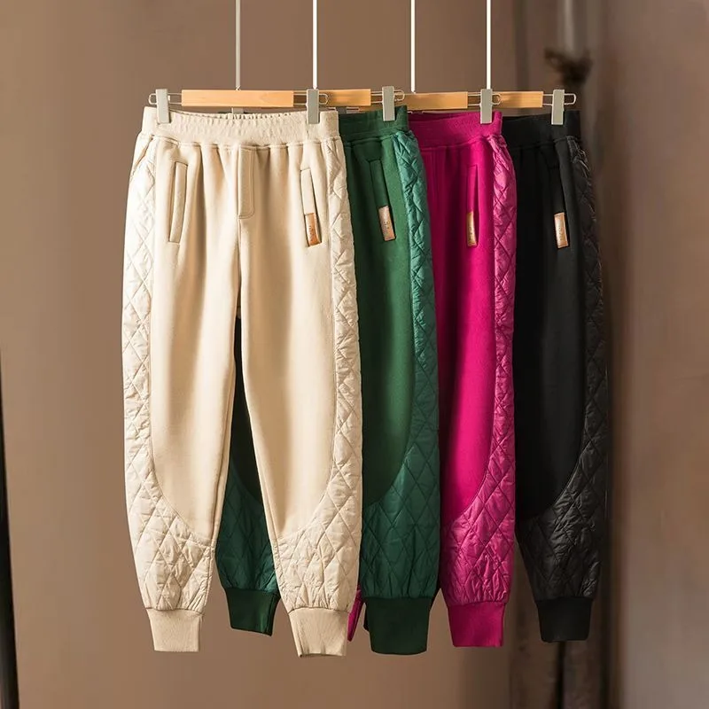 Autumn and Winter Women's Solid Color High Waist Elastic Spliced Thick Belted Harlan Commuter Loose Pockets Casual Cotton Pants