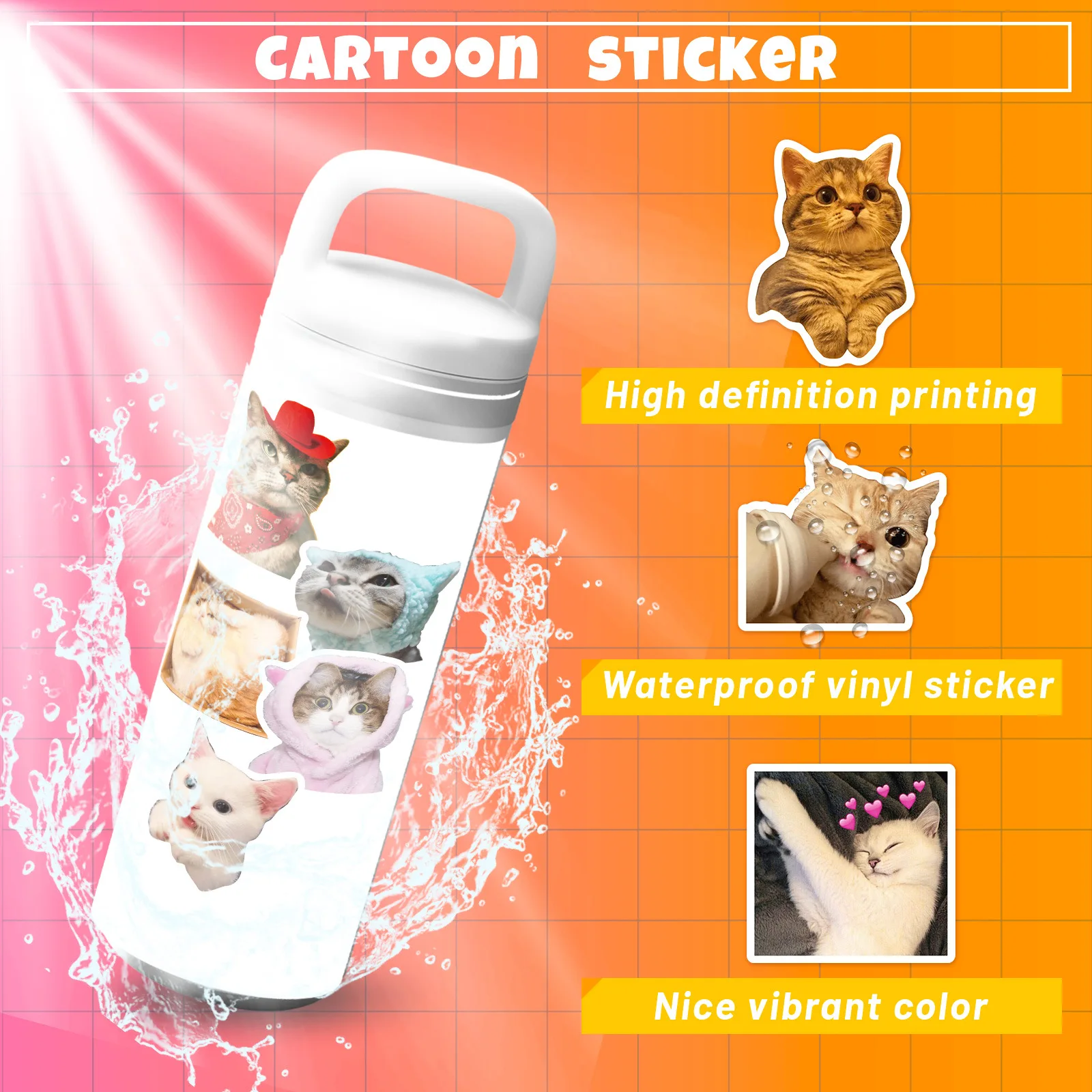 Cat stickers 50Pcs Funny Cat Stickers Adorable Kawaii and Colorful Decals Water Bottles Laptops and phone cartoon decoration stickers cartoon stickers