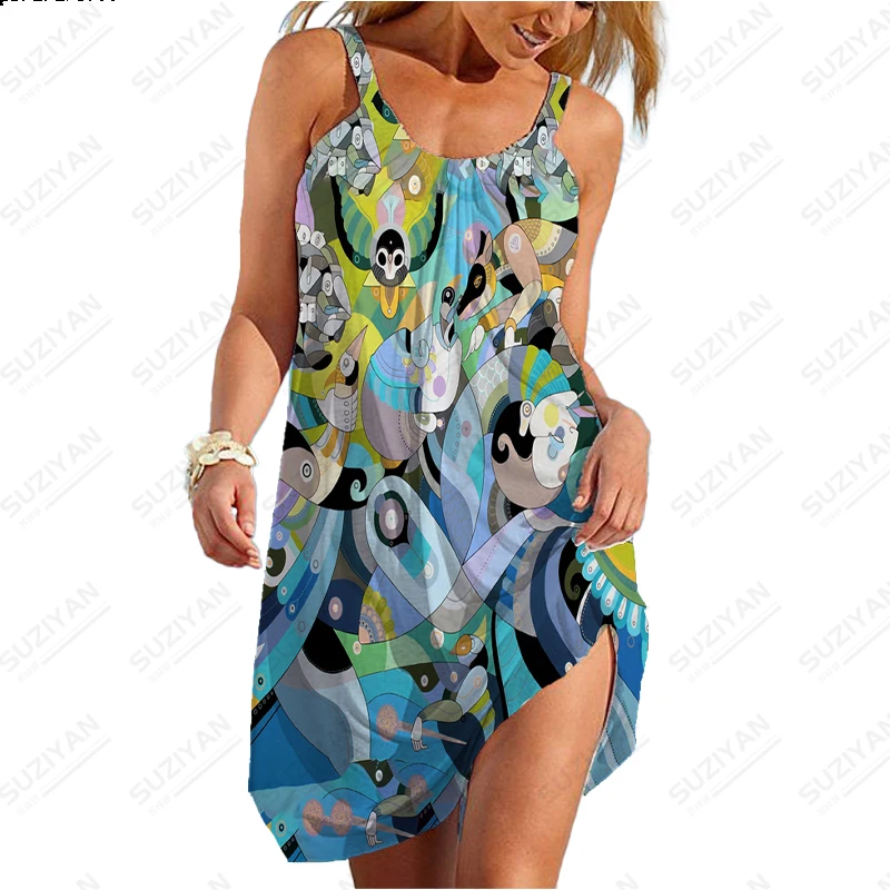 

2023 Fashion New Summer Women's Hawaiian Style Colorful Portrait 3D Printed Women's Beach Skirt with U-neck A-line Dress