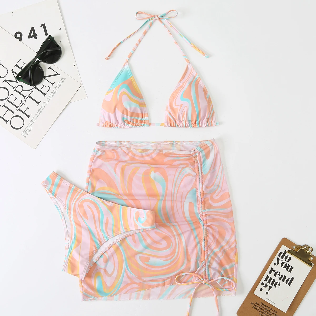 3 Pieces Bikini Set With Skirt  Tie Dye String Thong Bathing Suit Women Swimsuit Female  Swimwear Beach Wear Swim Lady Summer pink bikini set