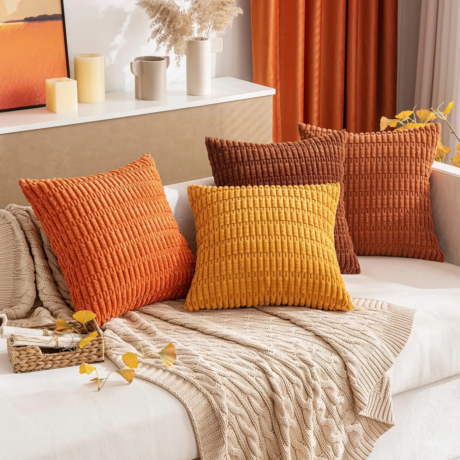 Boho Striped Corduroy Throw Pillow Covers - Soft Farmhouse Decor for Sofa and Bed, 18x18 Inch