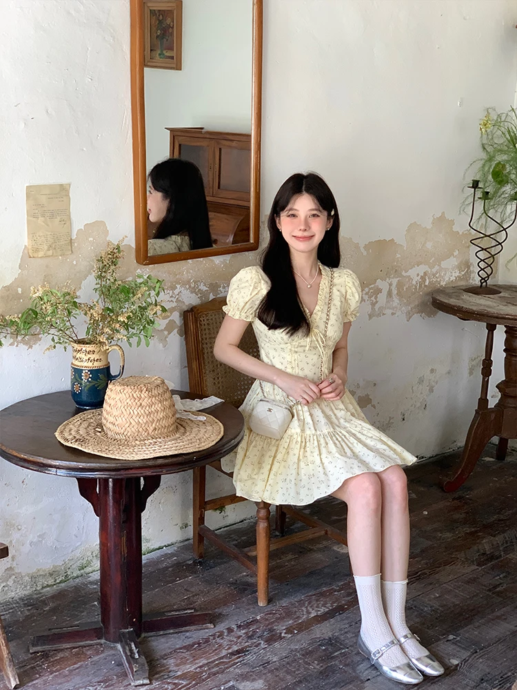 French Floral Printed Short Dresses for Women Y2K V-neck High Waist Birthday Party Dress Korean Chic Prom A-line Summer Vestidos