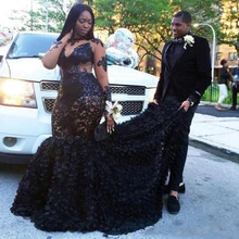 

Black Plus Size Prom Dresses Mermaid Long Sleeves Appliques Mermaid Evening Gowns Sweep Train South African Women Party Dress