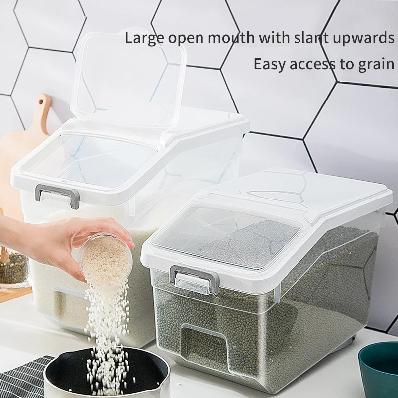 

10kg Rice Storage Box Sealed Moisture Proof Large Bucket with Wheels PP Dispenser Container Grain Food Kitchen Organizer Barrel