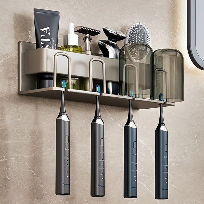 Space Aluminum Toothbrush Holder Punch-free Mouthwash Cup Self Wall-mounted Storage Box Gun Grey Electric Toothbrush Rack