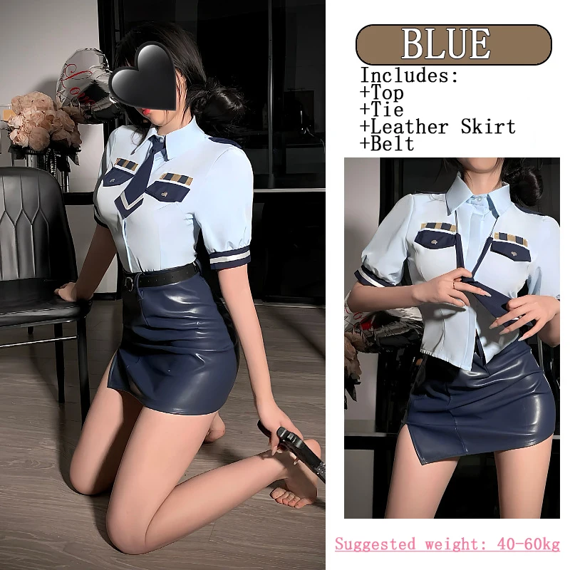 Sexy Lady Police Officer Uniform For Halloween Party Womens Blue Clothing Suit Lacquer Leather Flight Attendant Uniform Belt Set