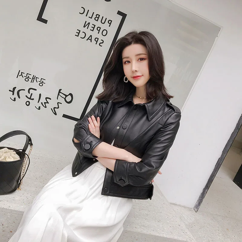 

New 2023 Women's Spring Autumn New Sheepskin Coat Short Solid color Lapel Single Breasted Casual Thin Small Genuine Leather Jack