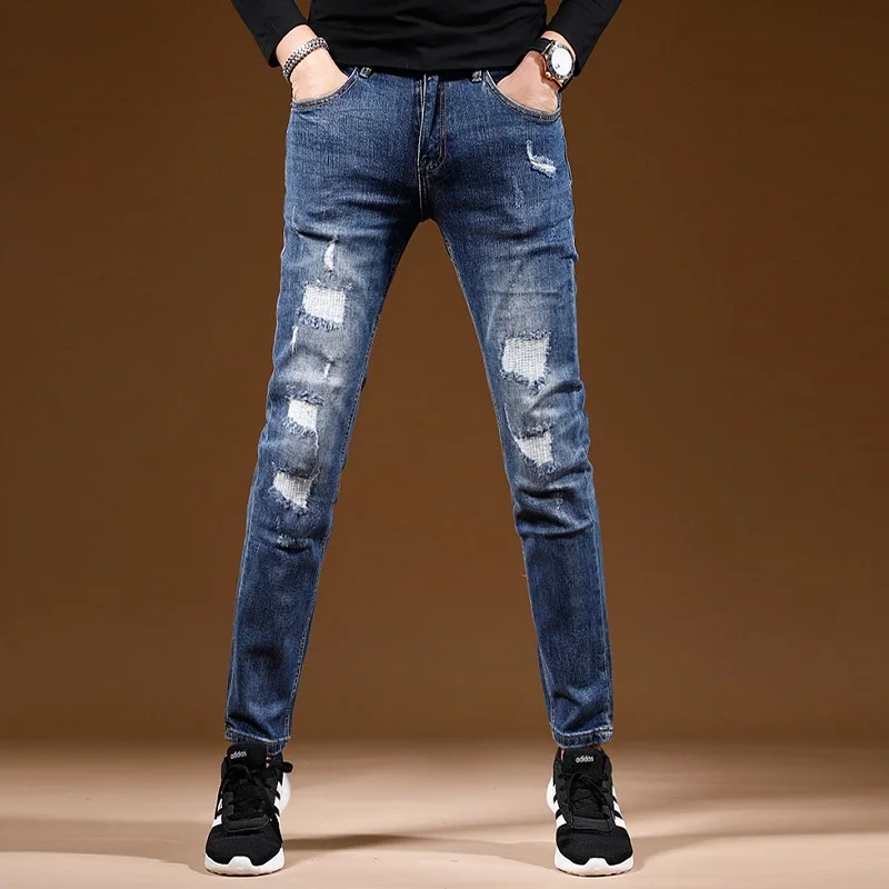 Men Blue Ripped Jeans Autumn Mens Casual Pants Streetwear Fashion Slim Fit Straight Denim Trousers CP1995