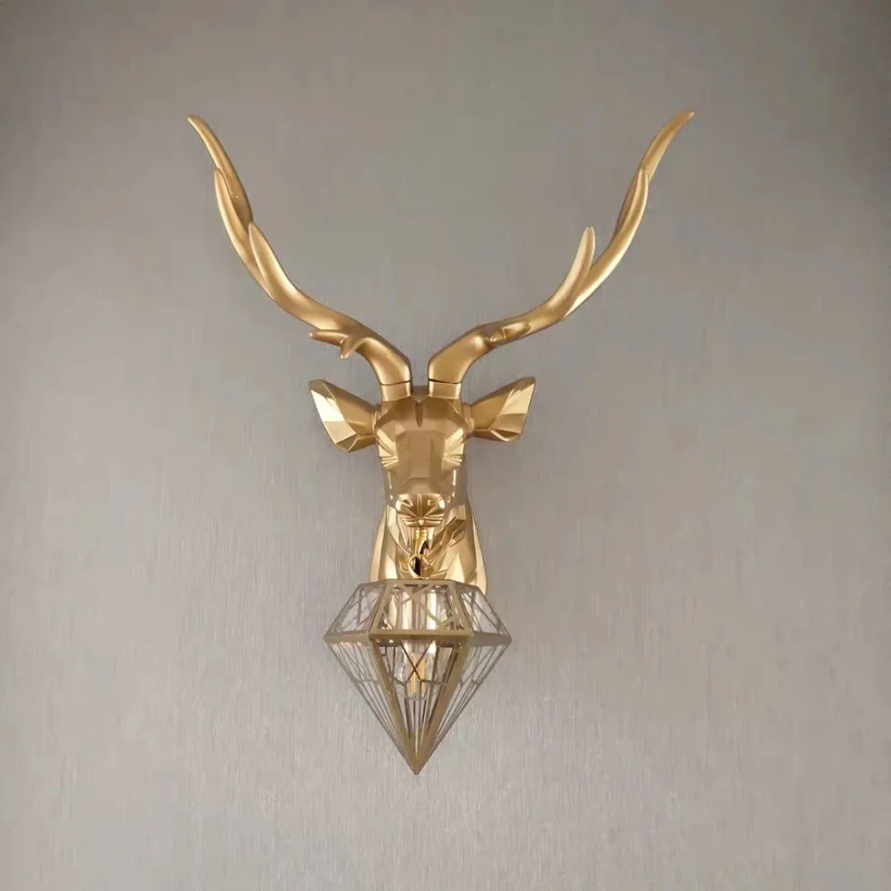 

2022 New Golden Deer Head Wall Lights Ornaments Interior Home Decor Resin Christmas Statues Craft Antler Wall Lamp