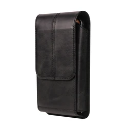 Men's Leather Vertical Waist Phone Pouch - Crazy Horse Design for 6.1 in (Black)