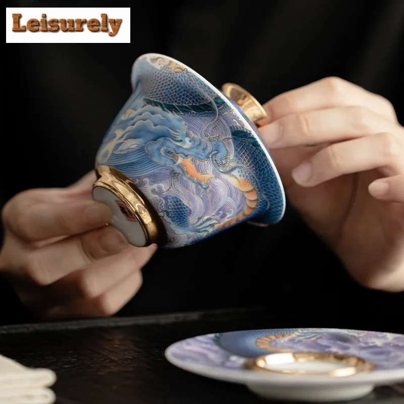 130ML Sheep Fat Jade Porcelain Gaiwan Enamel Colored Blue And White Dragon Palace Tea Tureen Tea Brewing Cover Bowl Tableware