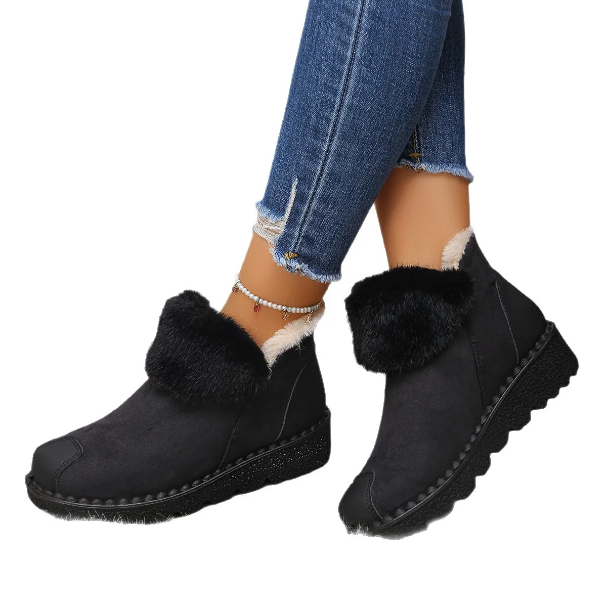 2025 Women Snow Ankle Boots Flats Winter Warm Comfortable Short Boots New Fashion Fur Plush Suede Shoes Women Zapatos De Mujer