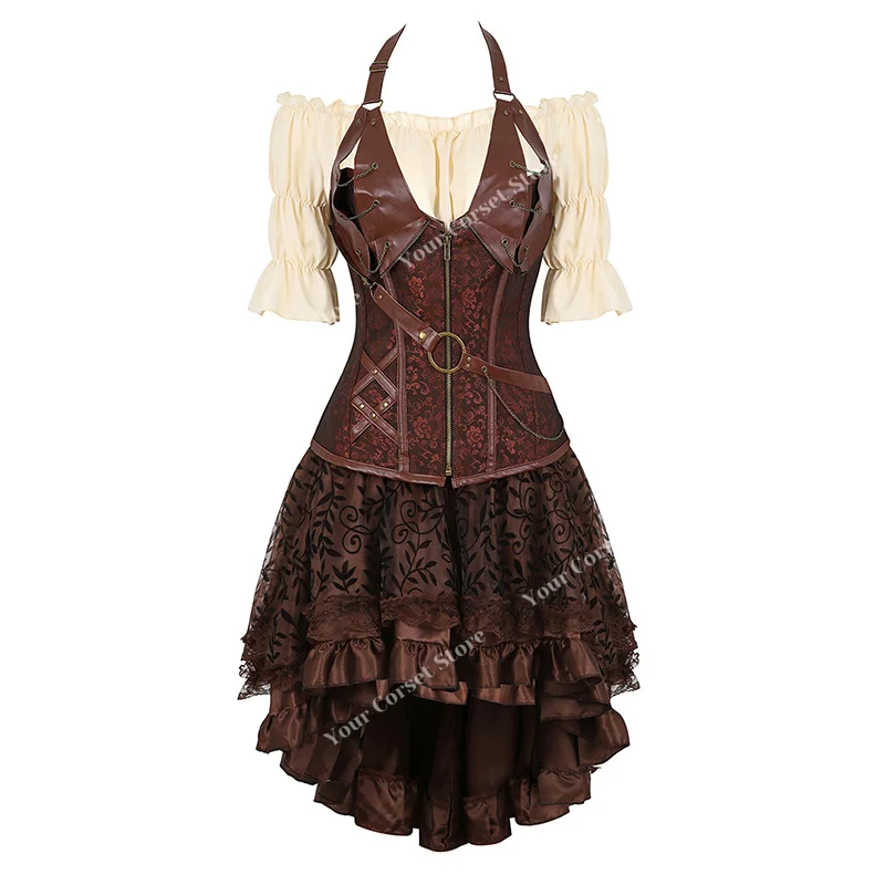 thumbnail image 1 of Ropa Steampunk Disfraz Steampunk para mujer Vestido con corsé debajo del busto Blusa renacentista de talla grande Disfraz de pirata medieval para Halloween, 1 of 5