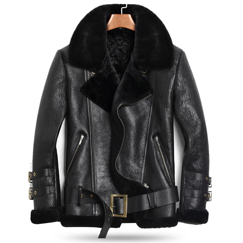 American Thick Warm Mens Fur Leather Windbreaker Sheepskin Fur Coat Winter Velvet Shearling Jacket Man Overcoat Real Leather