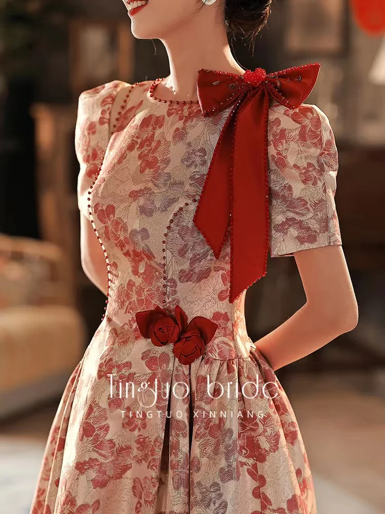 

Elegant Red French Style Vintage Printing Evening Dresses A-Line Lantern Sleeves O-Neck Backless Long Prom Wedding Banquet Gowns