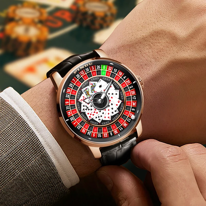 PINDU Designs New NH35A Rotary Roulette Mechanical Watch Men's Diamond Surface Waterproof Leather Men's Watch Montre Homme P6626 2