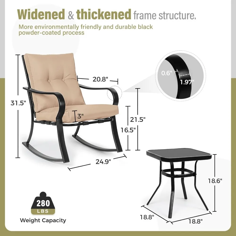 3-Piece Outdoor Rocking Chairs Bistro Set, Black Iron Patio Furniture with Brown Thickened Cushion & Glass-Top Coffee Table 6