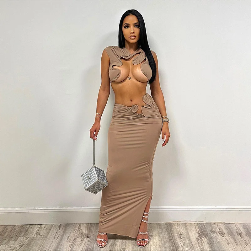 

kliou Summer Women Overknee Streetwear Milkfiber Two Piece Set K23S38999 Hotgirl Bare Midriff Tanks+Stretchable Waist Hip Skirt