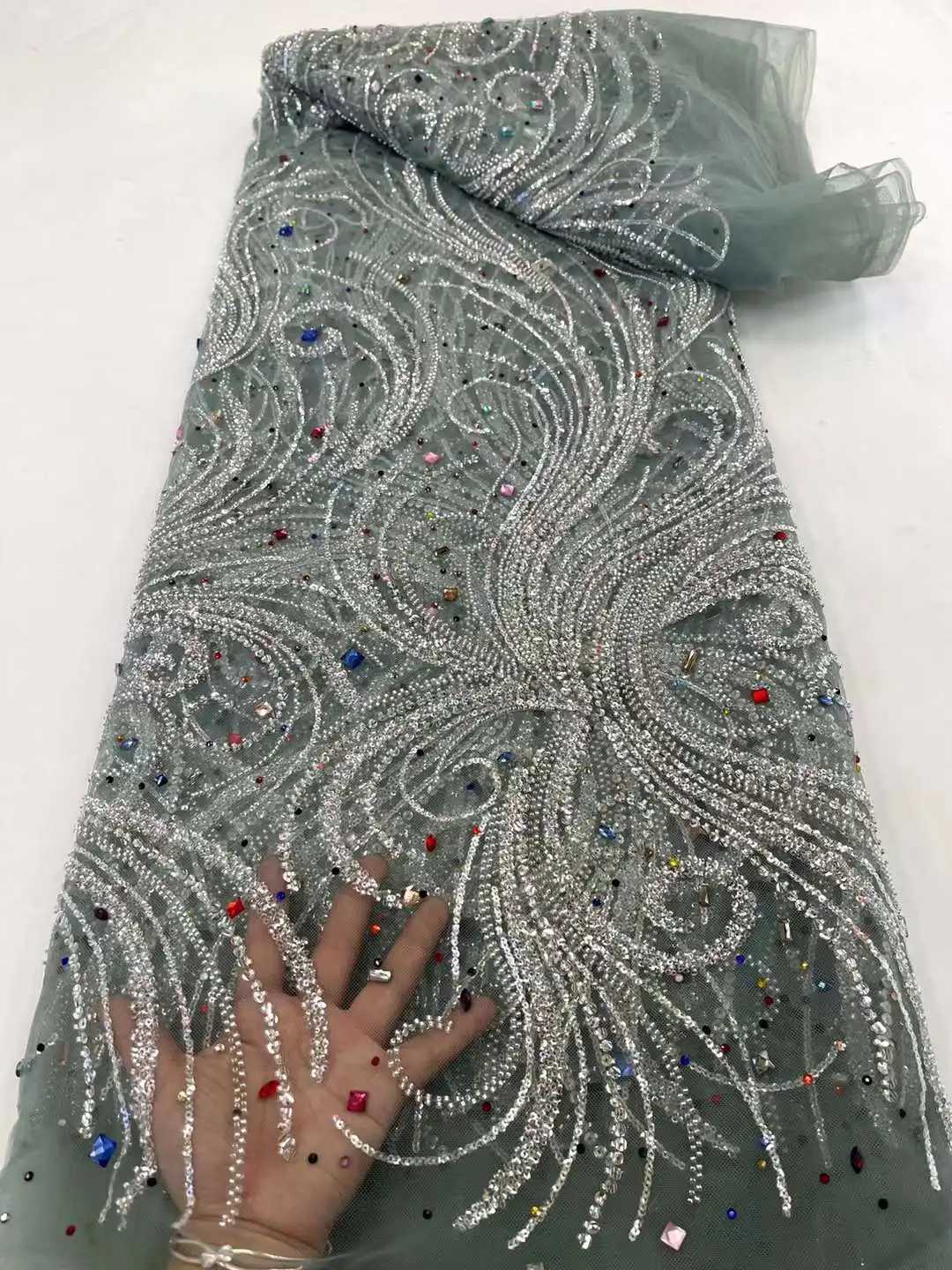 

Latest Handmade Beads And Sequence Tulle Lace Embroidery African Lace Fabric 2023 High Quality French Net for Party Sewing HX