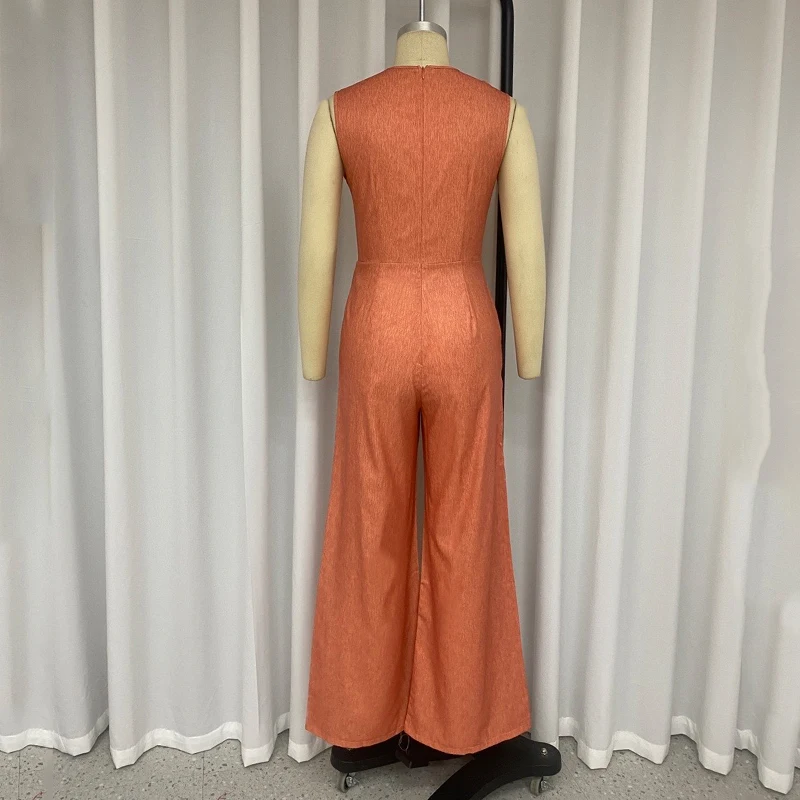LIYONG Women Jumpsuit Summer Chic One Shoulder Sling Sleeveless Hollow Bare Waist Solid Color Wide Legs Romper High Streetwear